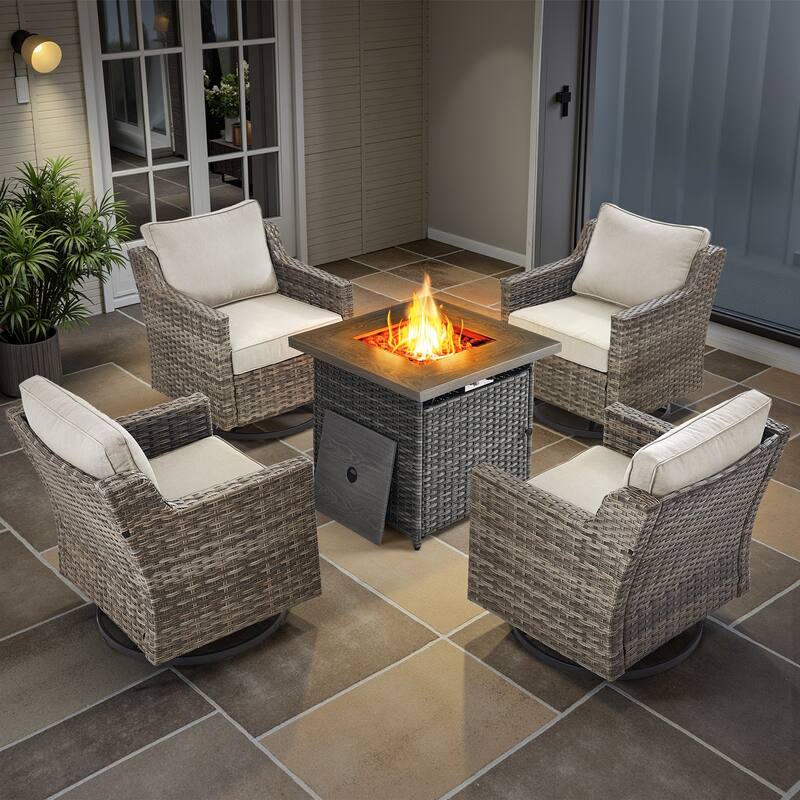 Glissia 5-Piece Gray Wicker Swivel Glider Fire Pit Set with Square Wicker Fire Table