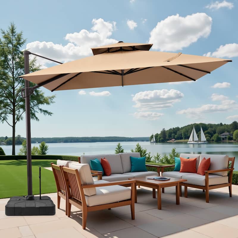 9 ft x 11 ft Outdoor Patio Dual Top Cantilever Offset Umbrella with Rod Base - Tan
