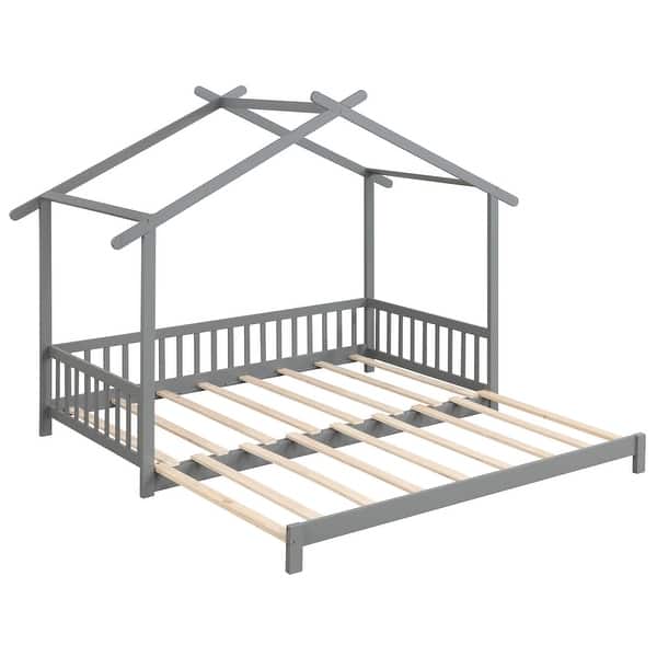 slide 2 of 33, Extendable House Bed Twin to King Daybed with Roof and Fence Rails Grey