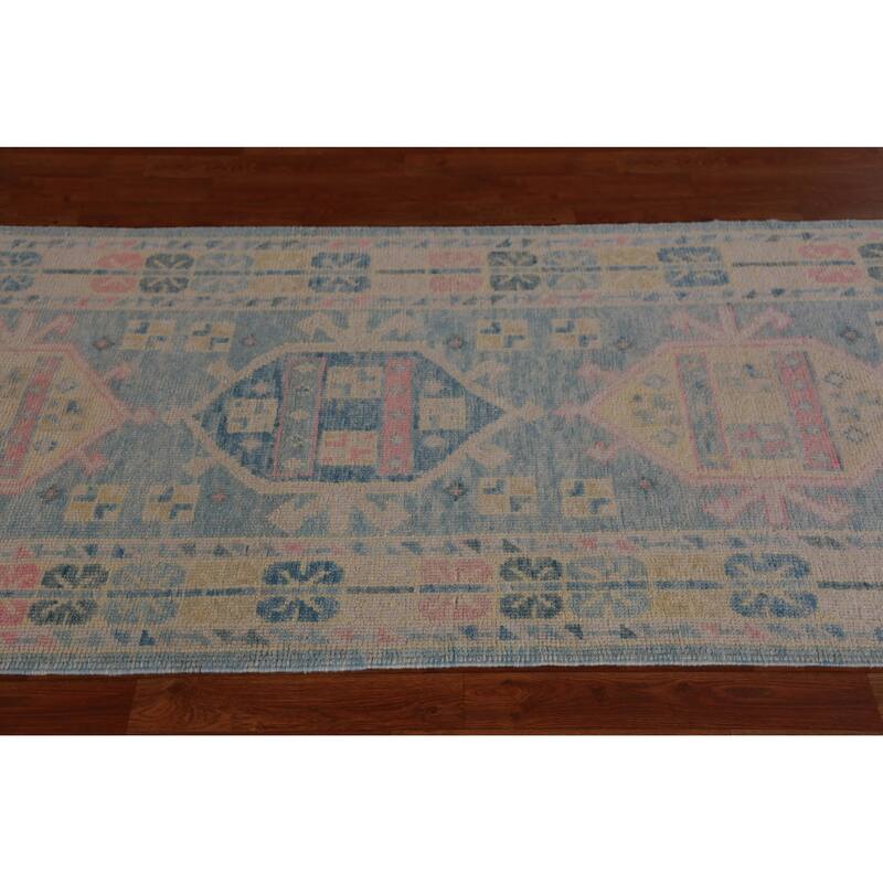 Hand Knotted Oriental 100% Wool Carpet Transitional Geometric Navy Blue & Blues Oushak Runner Rug - 17' 0'' X 3' 3''