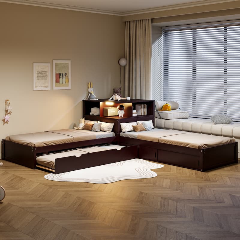 Twin Size L-shaped Bed with Trundle Bed and Storage Cabinets, Desk, Lighting, Corner Platform Storage Bed - Espresso - Twin