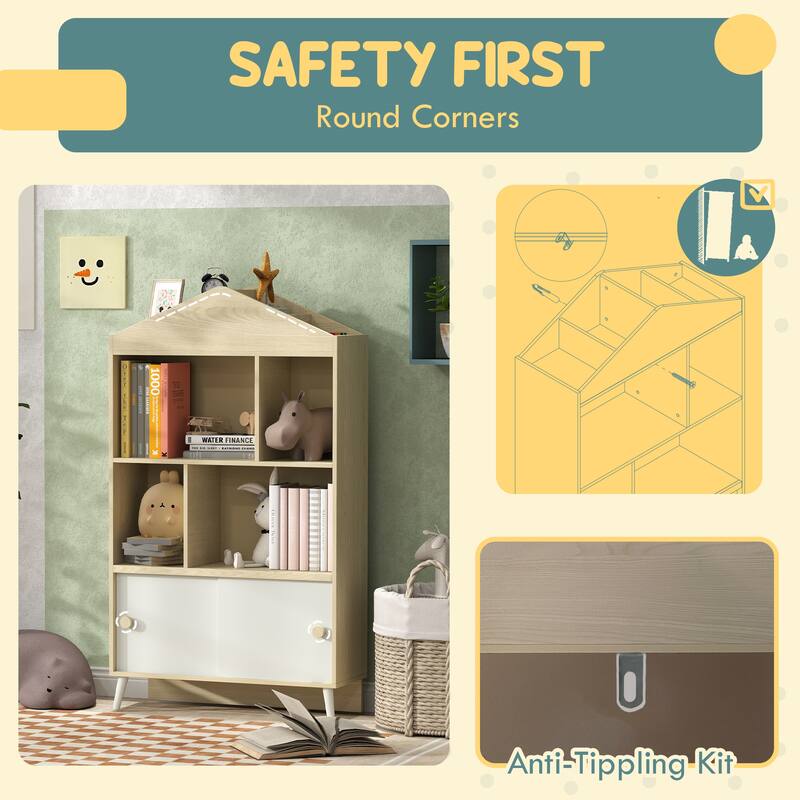 Children's MDF and Pine Wood Bookshelf with Anti-Tip Design Ideal for Playroom or Bedroom - 31.5" L x 11.8" W x 55.3" H