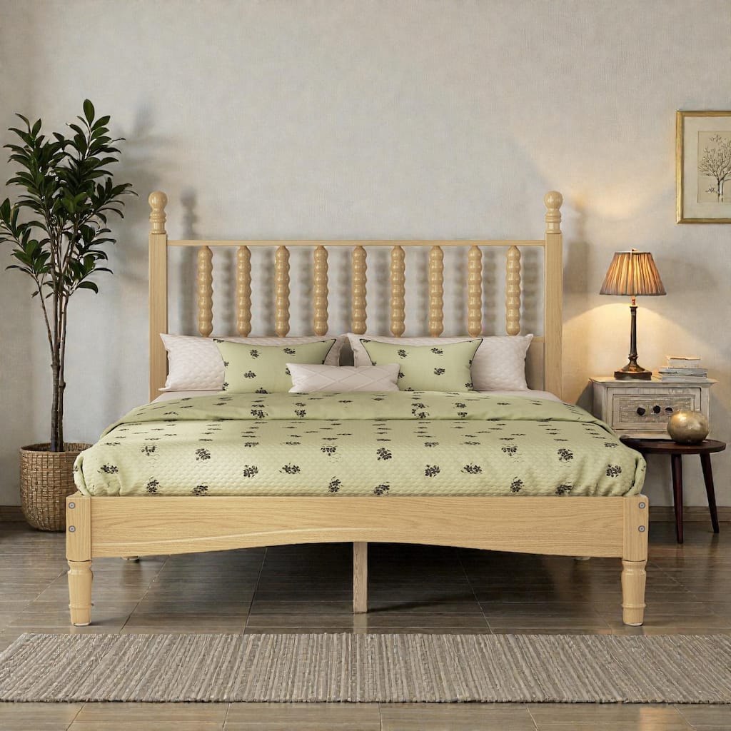 Retro Wood Platform Bed with Gourd Shaped Headboard, Wooden Slat Support, No Box Spring Needed
