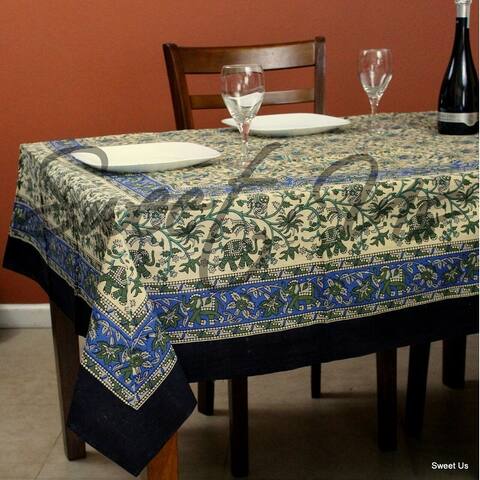 Cotton Elephant Floral Tablecloth Rectangle 70x104 Black Beige