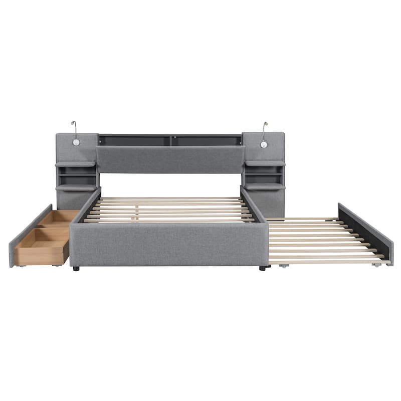 Queen Size Upholstered Platform Bed with Reading Lights, Drawers, Trundle and Shelves, Gray