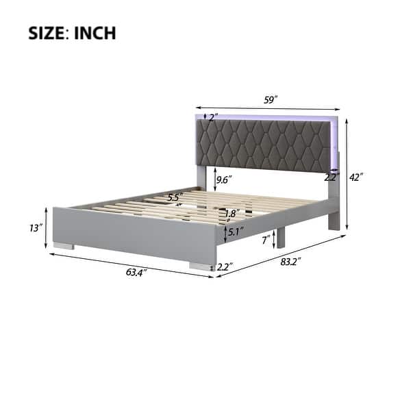dimension image slide 0 of 2, Modern Queen Size Platform Bed with LED Lights and Soft Velvet Headboard