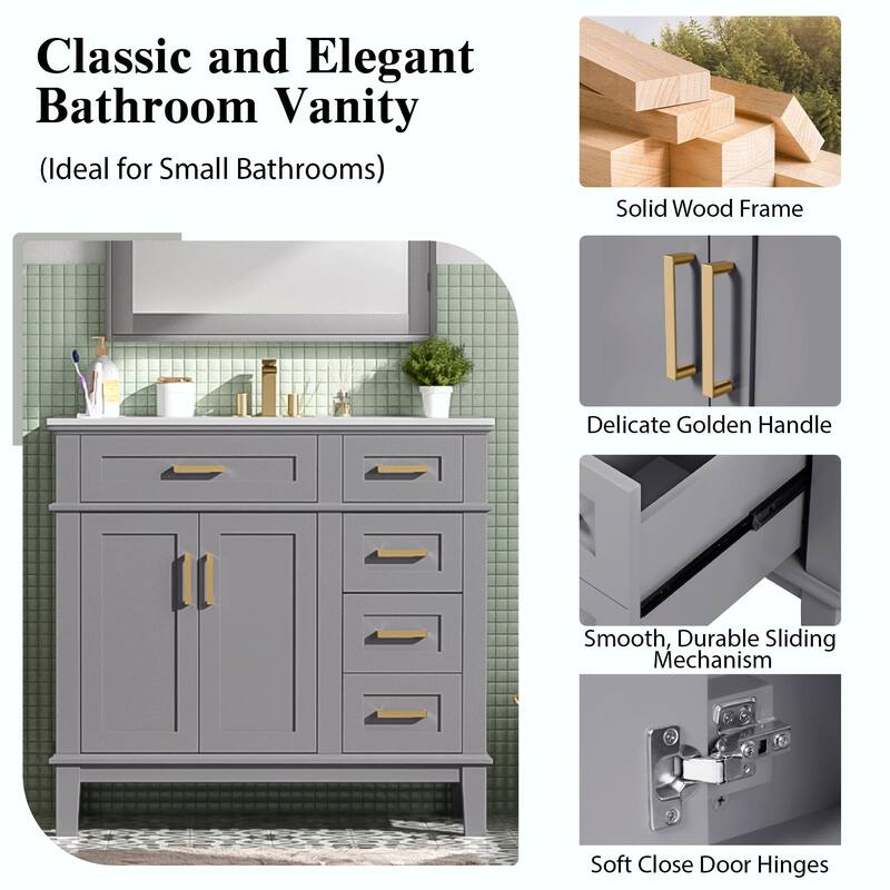 36" Modern Bathroom Vanity with Ceramic Sink, Soft Close Doors, 4 Drawers for Storage