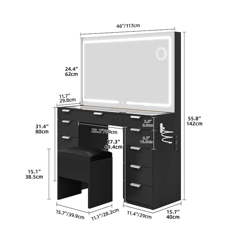46''Makeup Vanity 11 Drawers Glass Top Vanity