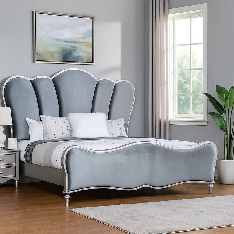 Eleena Queen Bed, Scalloped Padded Channel Tufting, Silver Upholstery