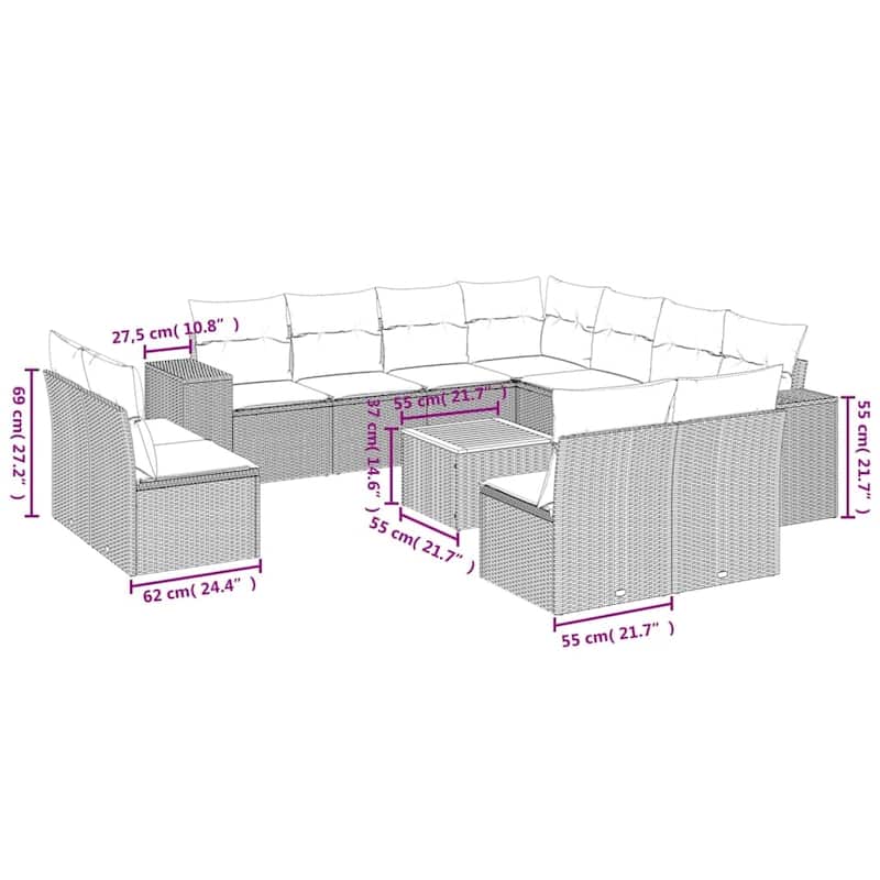 vidaXL Patio Sofa Set with Cushions Outdoor Furniture 12 Piece Poly Rattan - 21.7 x 21.7 x 14.6
