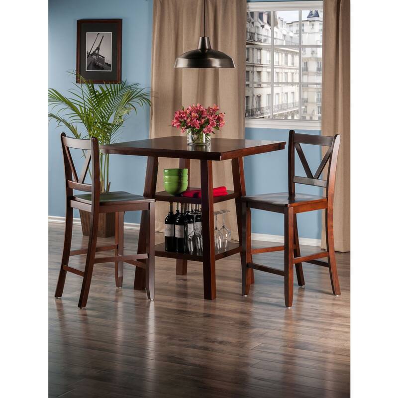 3 Walnut Finish Solid Wood High Table 2 V Back Counter Stools Set 36"
