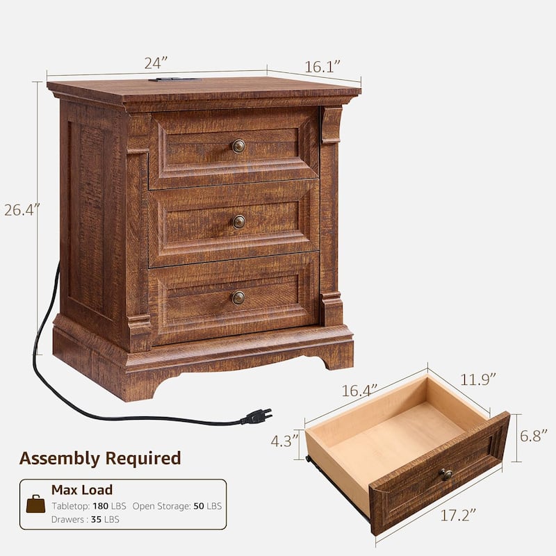 Farmhouse 3 Drawers Nightstand with Charging Station, Rustic End Table