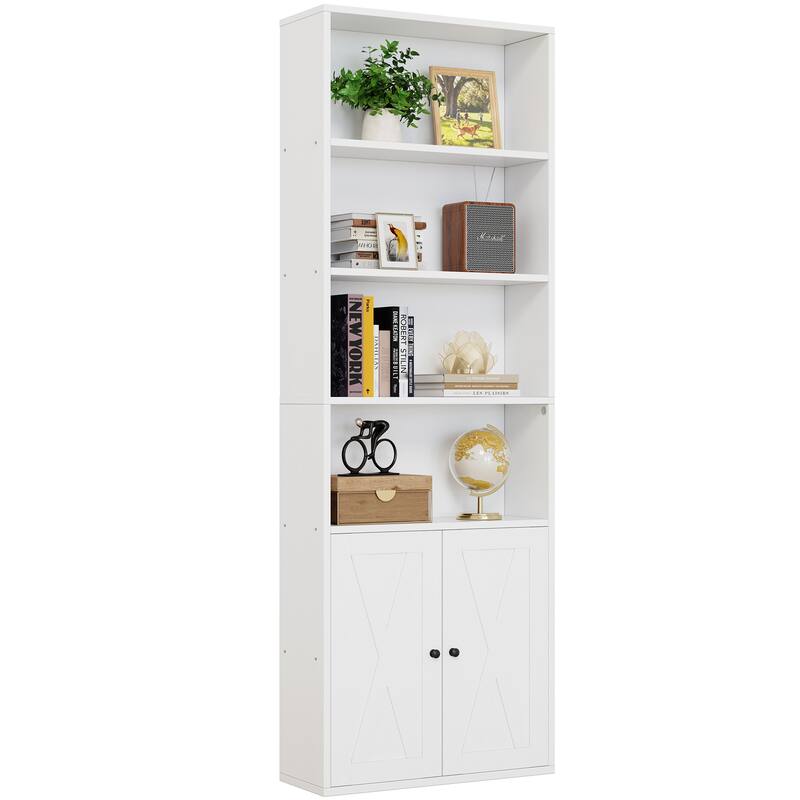 6-Tier Wood Bookcase, Storage Bookshelf with Doors