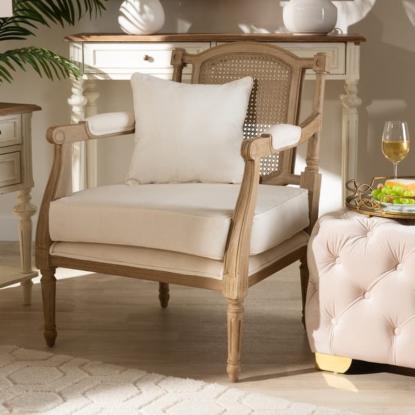 slide 2 of 19, Clemence French Provincial Fabric Upholstered Wood Armchair