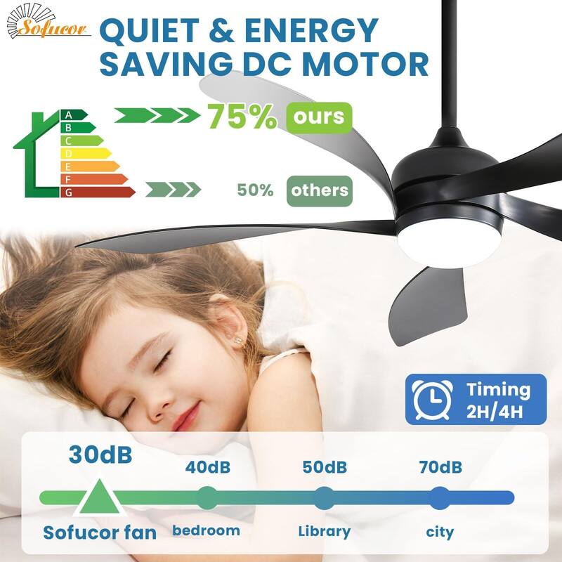 52 Inch Ceiling Fan with Remote & Lights Quiet DC Motor 5 Blade High CFM Modern Fan