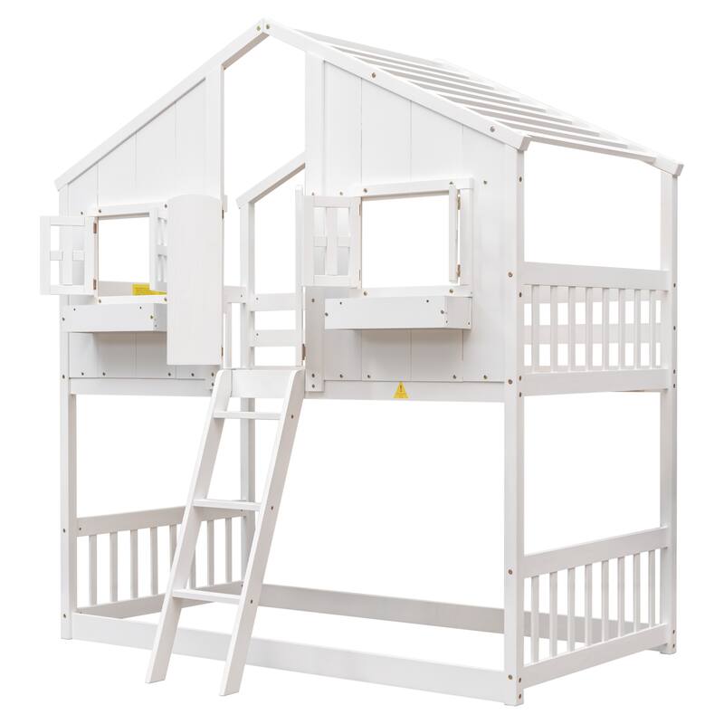 Twin Wood House Bunk Bed with Roof & Safety Guardrails
