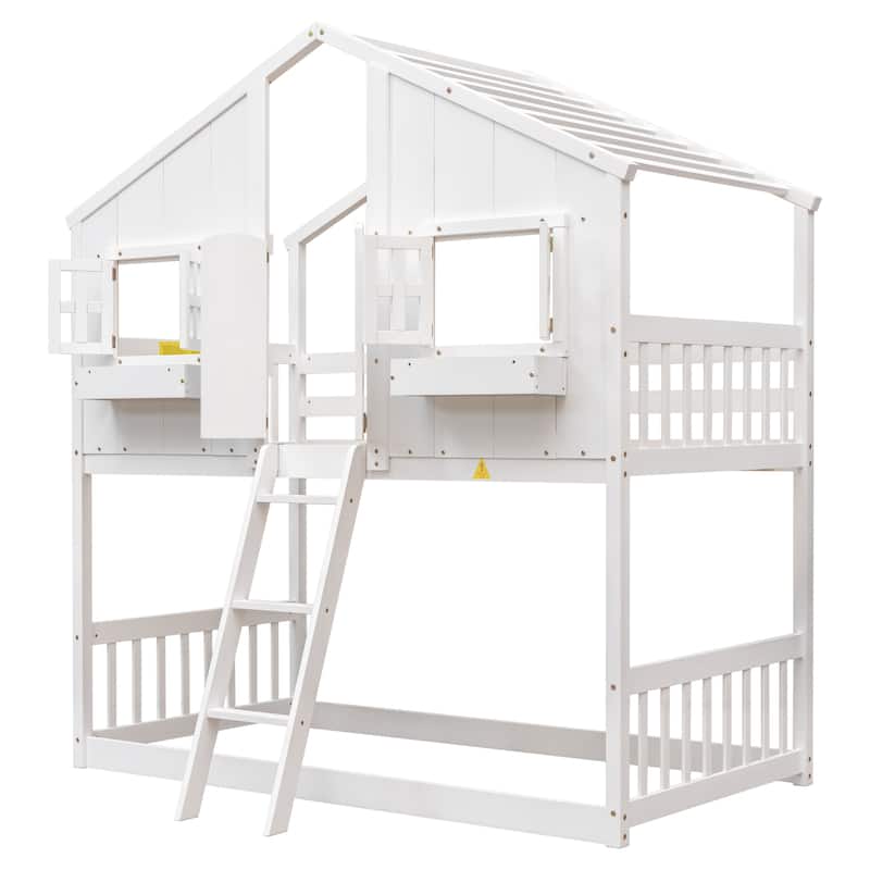 Twin over Twin House Bunk Bed - Roof, Window, Box, Door, Guardrails & Ladder