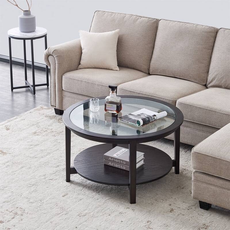 black coffee table with shelf,glass top