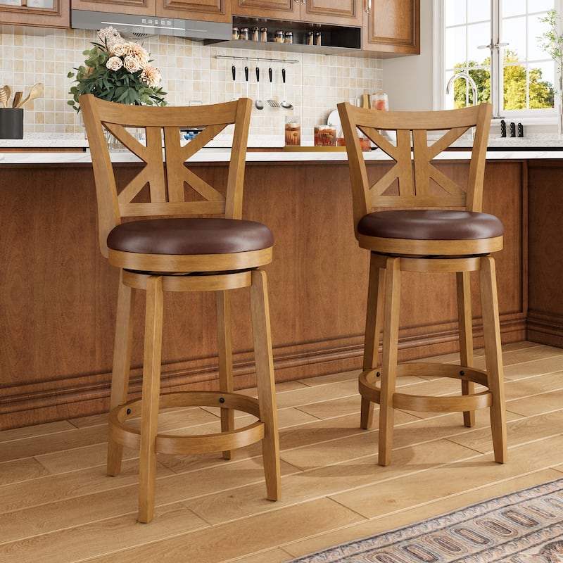 26"/30" Counter Height Bar Stools, Kitchen Wooden Swivel Bar Chairs with Back - Set of 2 - 26"Teak & Conker