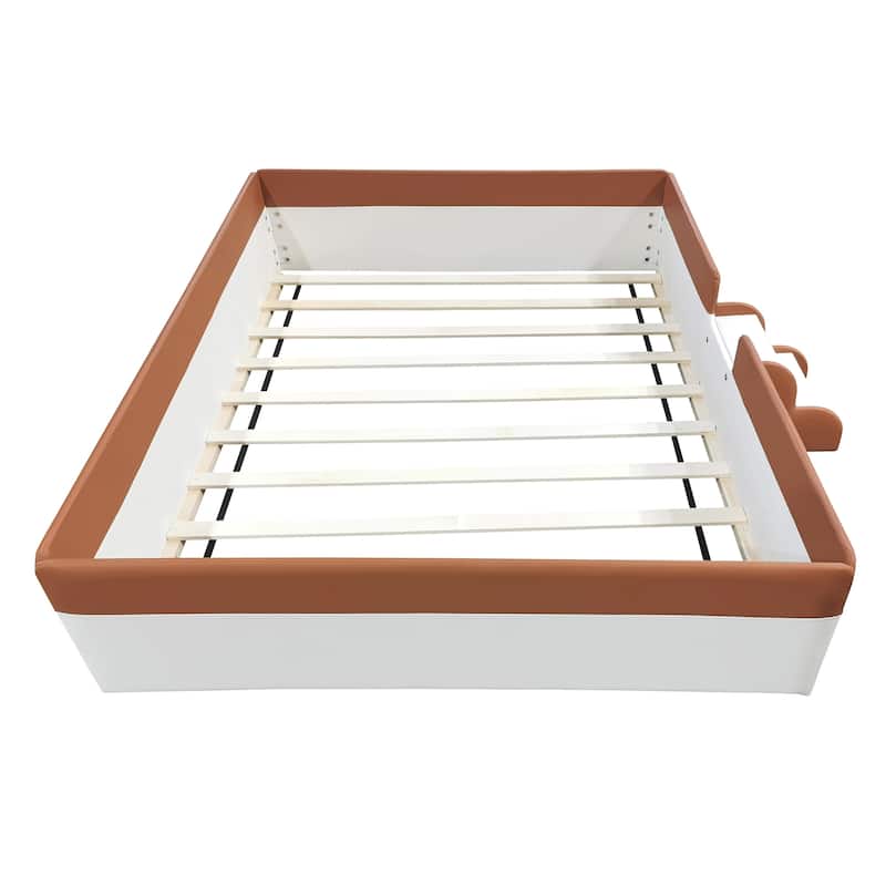 Brown White Upholstered Bed Two-color Toddler Daybed with Fence Stairs