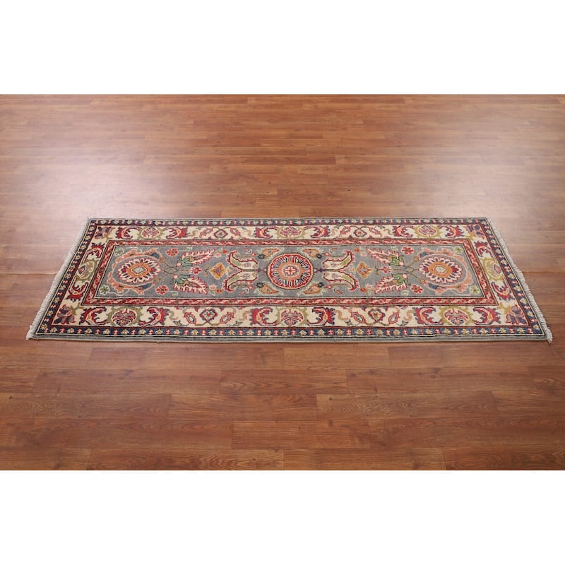 Traditional Kazak Runner Rug Hand-Knotted Grey Wool Carpet - 2'1" x 5'10"