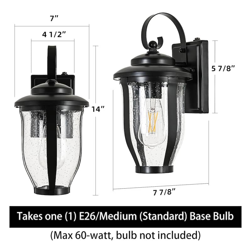 14 in. 1-Light Matte Black Dusk to Dawn Outdoor Wall Sconce with Clear Seeded Glass - E26, Wet Rated, Farmhouse Style