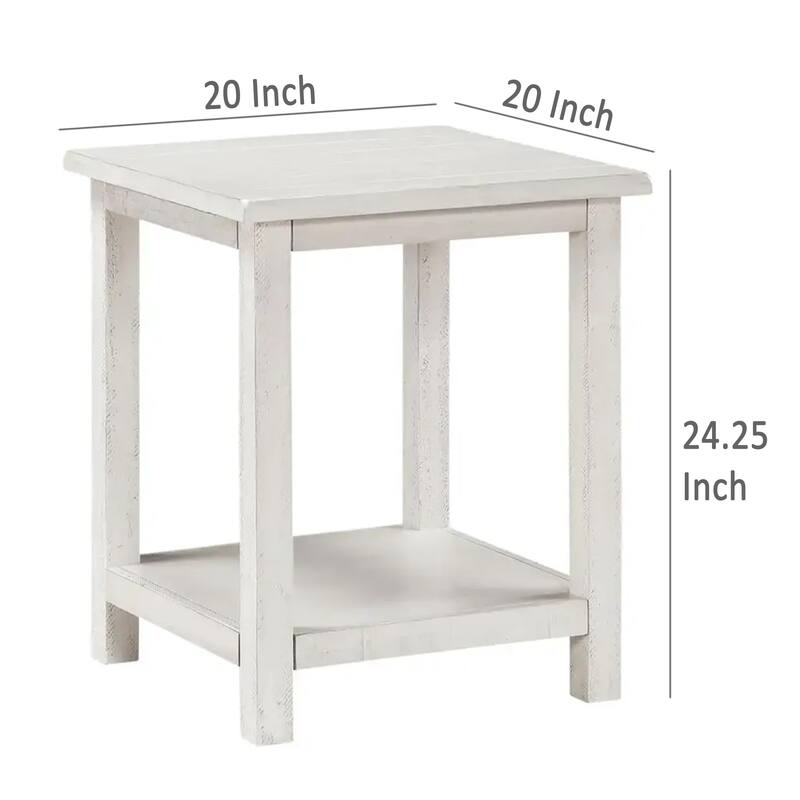 Ayne Side End Table, 1 Bottom Shelf, White Wood Frame, Square 20 Inch