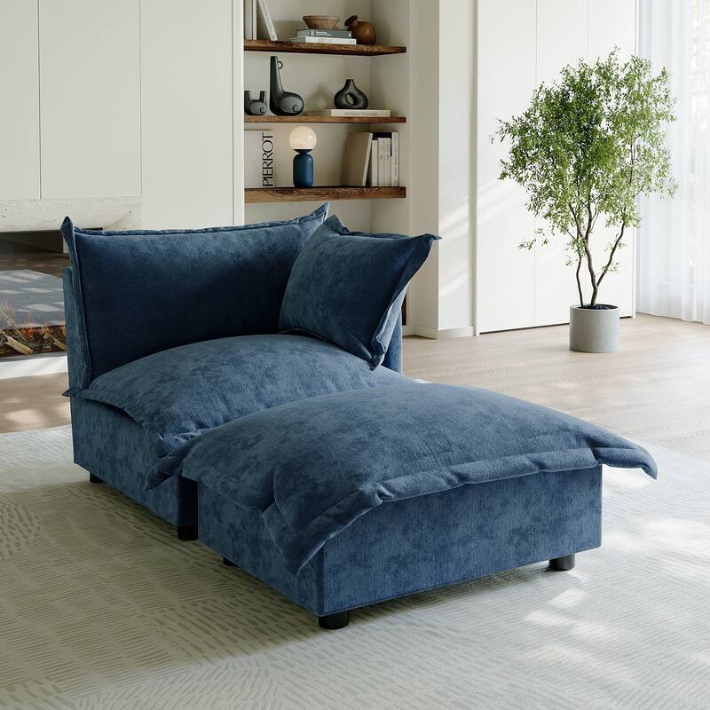 Casual 40"W Oversized Soft Comfy Cloud Chenille Chaise Lounge with Ottoman - Right Facing - Navy