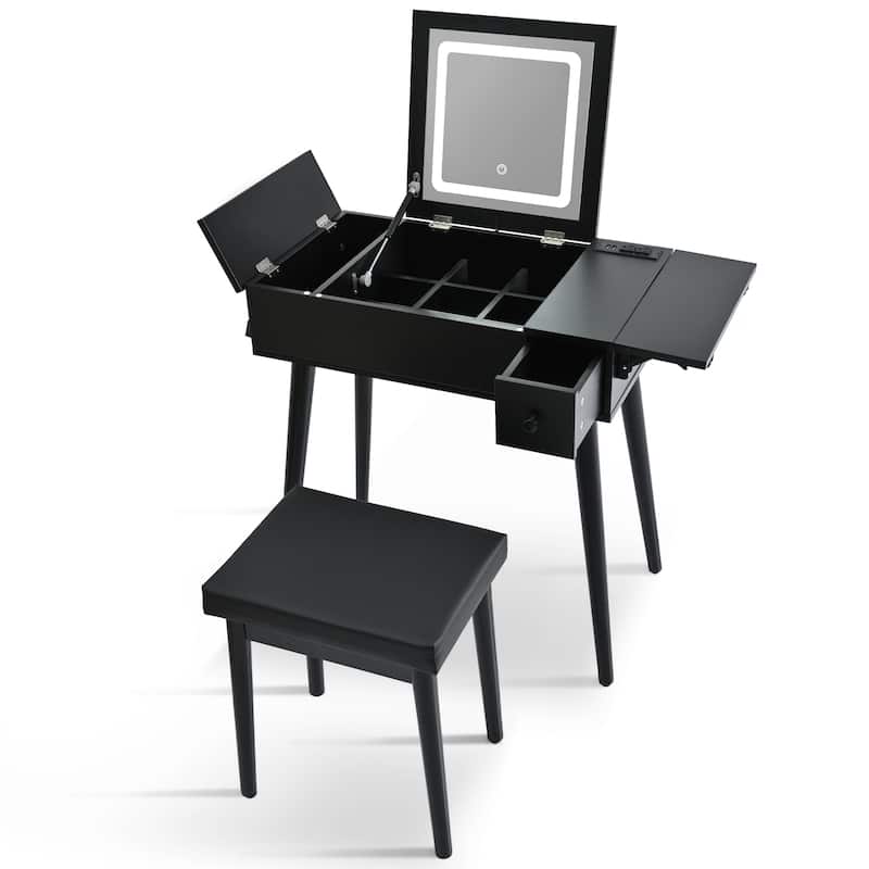 27.9'' Black Makeup Vanity Desk with Flip Top Mirror and LED Light, Dressing Table with Charging Station