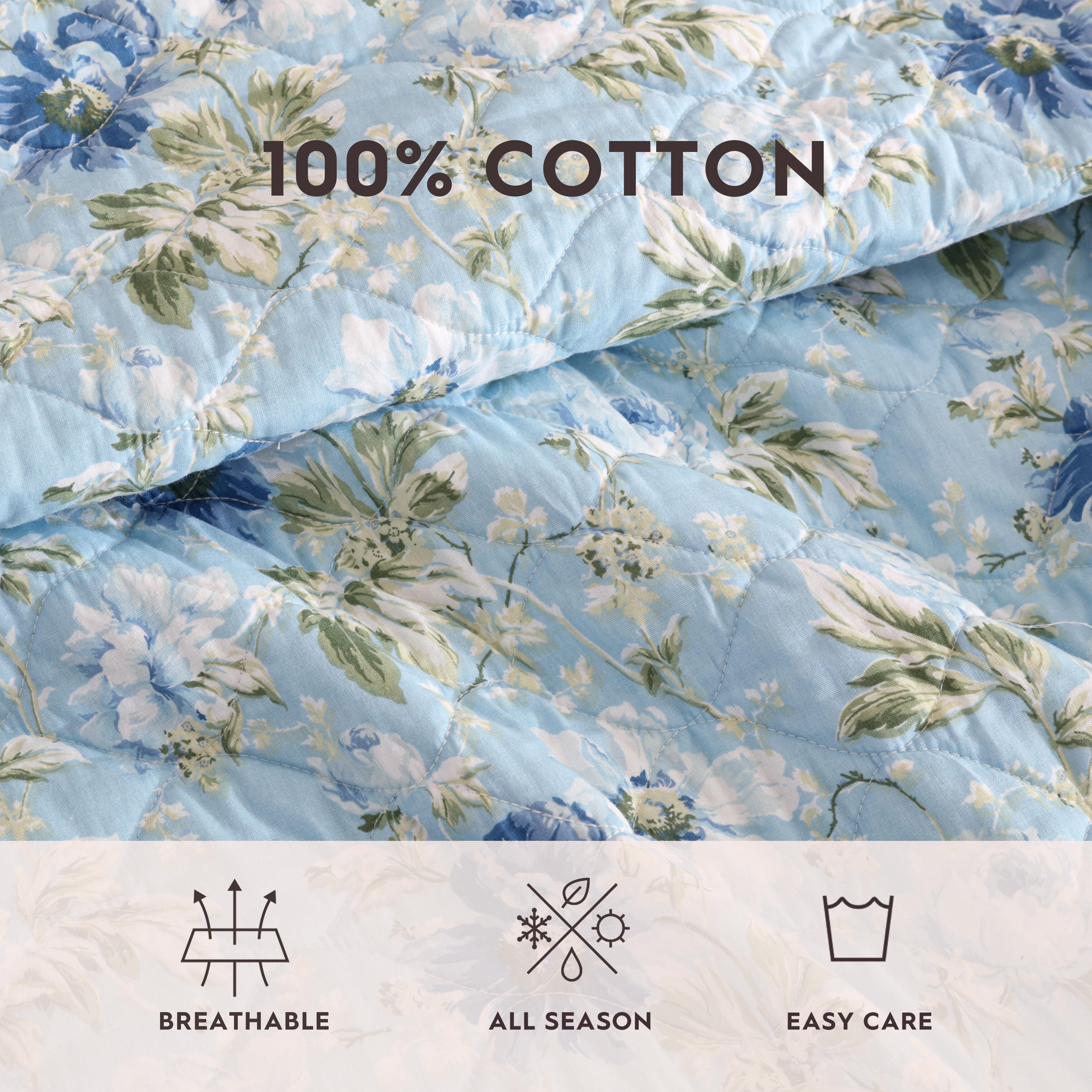 Laura Ashley Peony Garden Cotton Reversible Blue Quilt Set