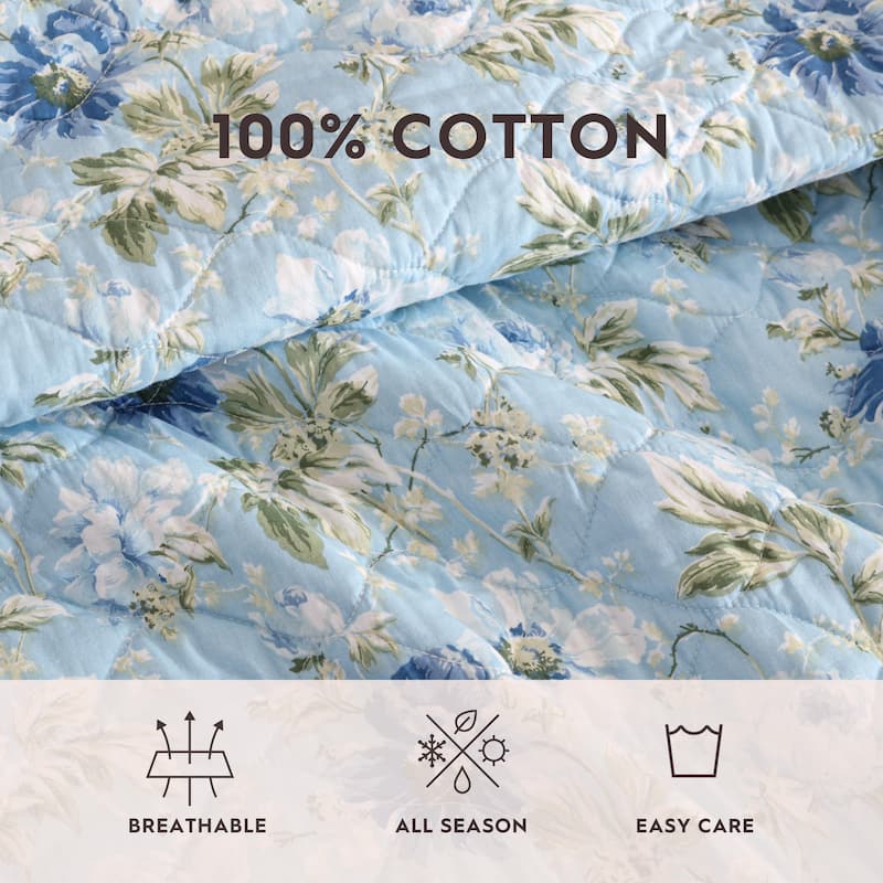 Laura Ashley Peony Garden Cotton Reversible Blue Quilt Set