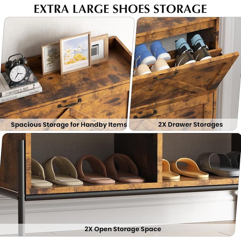 Shoe Cabinet with 2 Flip Drawers and Open Shelves