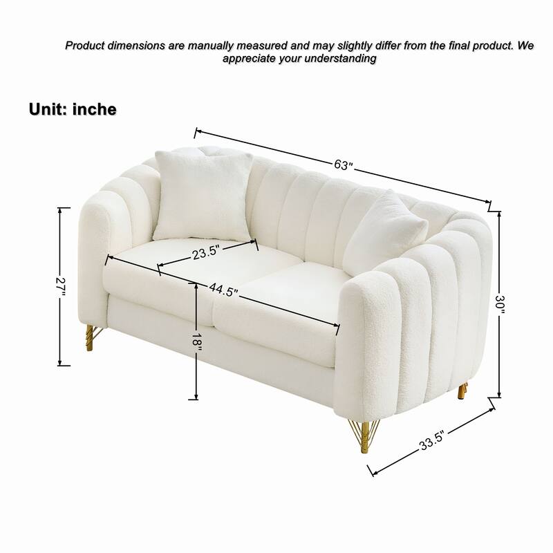 Luxurious 2-Seater Deep Seat Sofa Couch Loveseat Sofa with Metal Legs, Sofa Couch with Throw Pillows