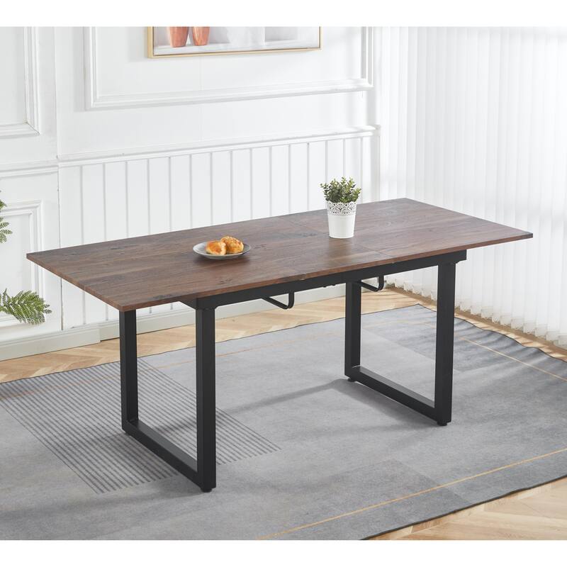 Square Extendable Dining Table with metal leg, Modern Space Saving Kitchen Table for Living Room - Walnut+black
