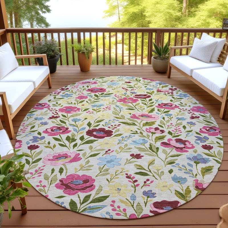 Machine Washable Indoor/ Outdoor Floral Garden Chantille Rug - Linen - 8' x 8'
