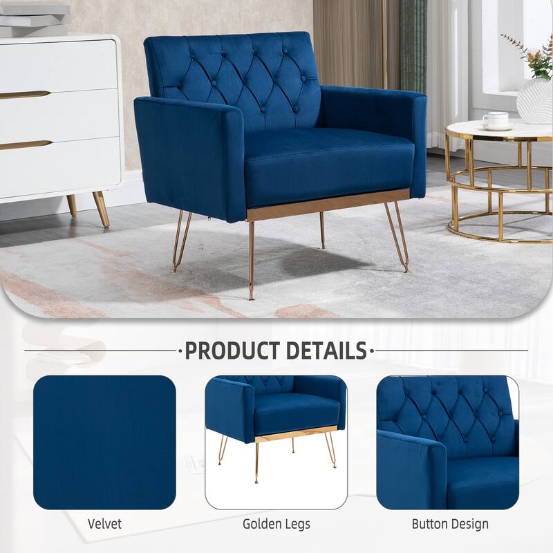 Velvet Upholstered Armchair Single Sofa Modern Tufted Reading Chairs Gold Metal Leg Wingback Chairs for Living Room Bedroom