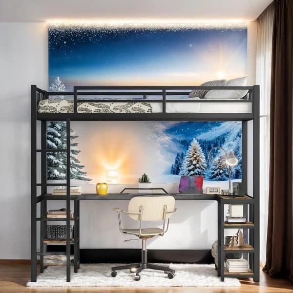 slide 2 of 17, Industrial Modern Twin XL Metal Loft Bed with Desk and Shelves, Loft Bed with Ladder and Guardrails, Black with Black Desk Black