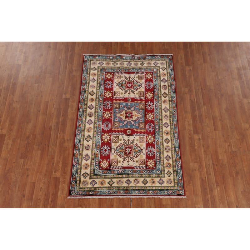 Geometric Red Kazak Area Rug Handmade Oriental Wool Carpet - 4'0" x 6'3"