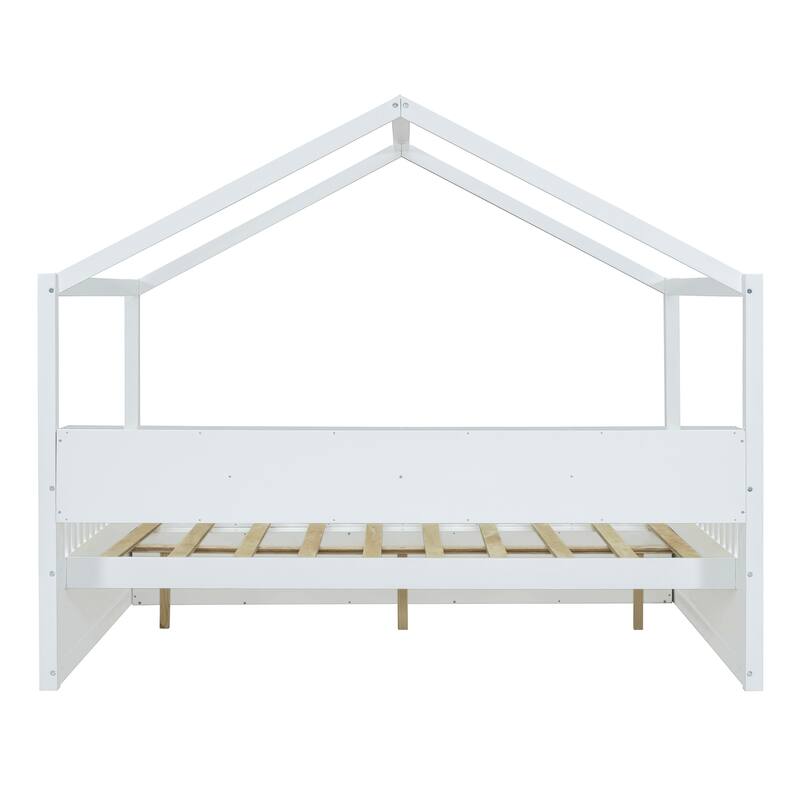 Full Wooden House Bed with Shelves and Mini-Cabinet - White/Gray
