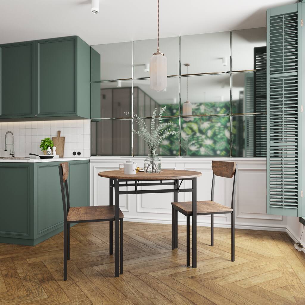 Modern 3-Piece Round Dining Table Set with Drop Leaf and 2 Chairs for ...