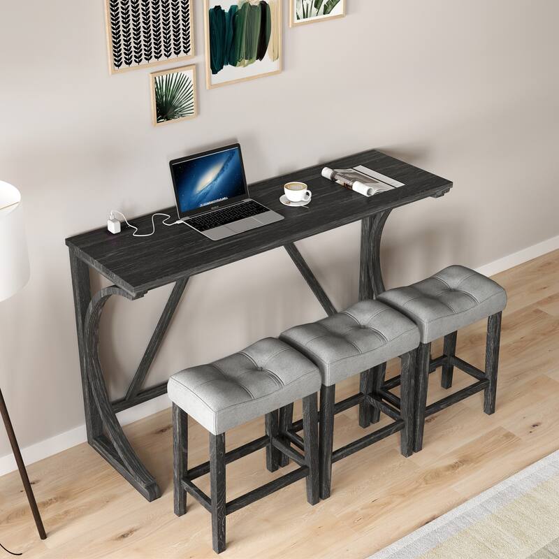 Bar Table Set with Power Outlet, Bar Table and Chairs Set, 4 Piece Dining Table Set - Black