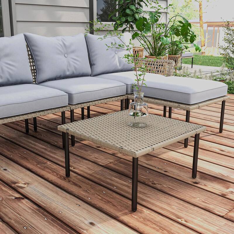 5PCS PE Rattan Patio Set, Sofa Chaise Coffee Table, White Weatherproof
