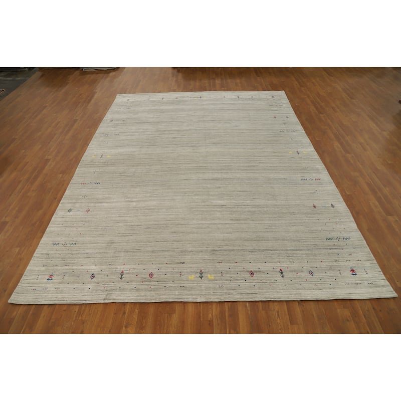 Hand Knotted Oriental Viscose Silk Carpet Tribal Animal Pictorial Beige & Ivories Gabbeh Area Rug - 11' 9'' X 8' 10''