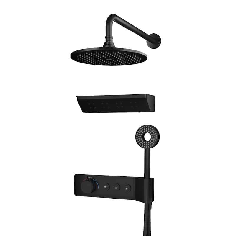 3-Spray Shower Faucet Set 10" Wall Mounted Thermostatic Shower Head with Body Jets and Handheld Shower in Matte Black