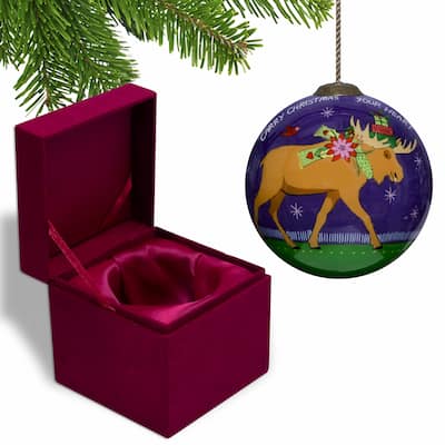 Christmas Moose Walking Hand Painted Mouth Blown Glass Ornament - 3"x 3" x 3"
