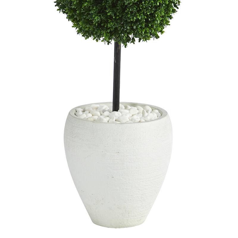 Artificial Topiary Tree 4Ft Farmhouse Decor, Double Ball Bush, White Planter, Outdoor Indoor UV Resistant Plant - Green