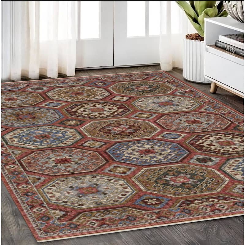 HomeRootsMedallion Bohemian Runner Area Rug - 92.52' X '62.99' X '0.28 - Pink/Red