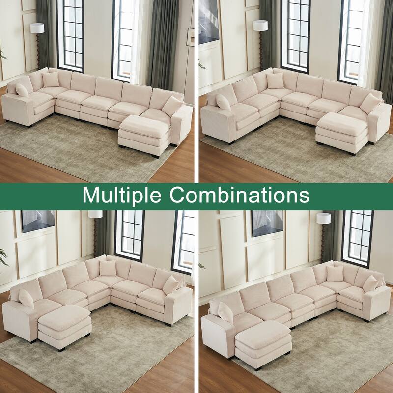 Corduroy Upholstered U-shaped Chaise Sectional Sofa Modular Sleeper Sofa Bed Deep Seat Couch with Ottoman and Pillows
