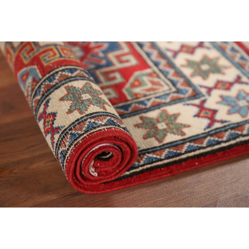 Hand Knotted Oriental 100% Wool Carpet Traditional Geometric Red Kazak Area Rug - 3' 0'' X 2' 0''