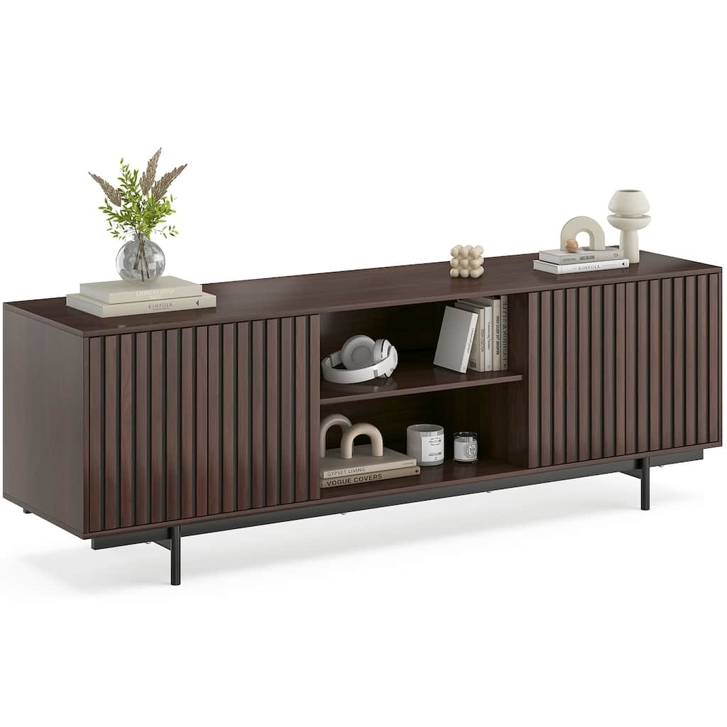 Mid Century Modern TV Stand for TVs Up to 75", Farmhouse Fluted TV Stand, Retro Wood TV Stand with Storage and Shelf